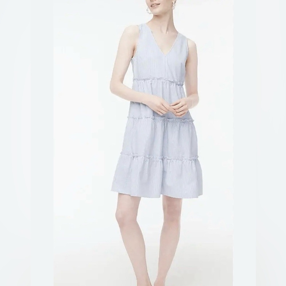 J. Crew Factory Light Blue Striped V-Neck Tiered Midi Dress - 100% Cotton